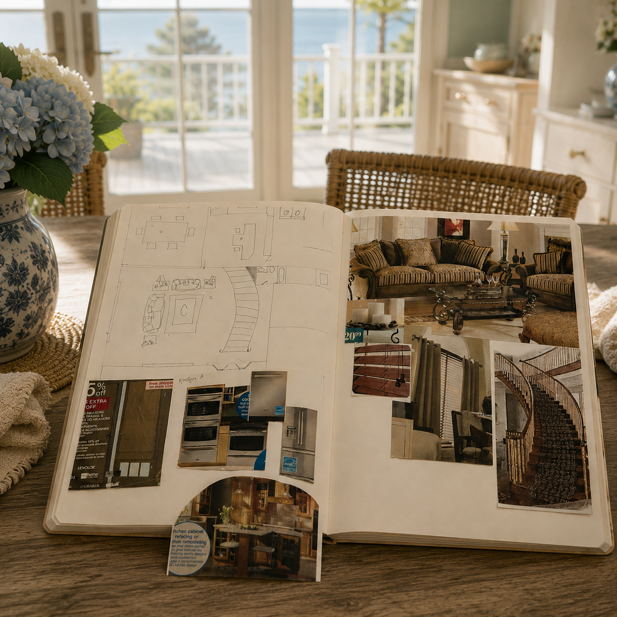Childhood sketchbook with floor plans and home clippings